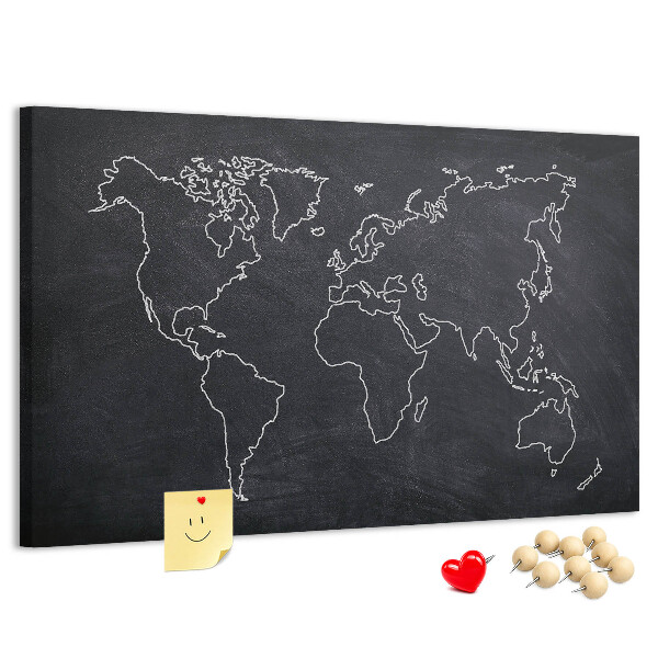 Tableau de liège Une carte du monde sur un fond de tableau noir