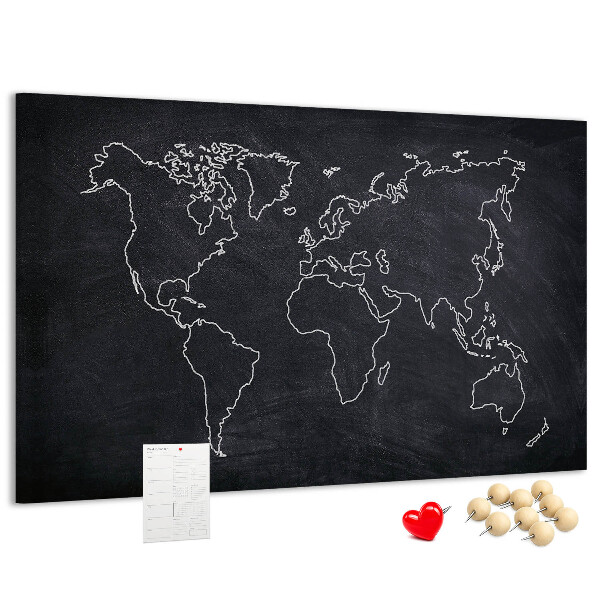 Tableau de liège Une carte du monde sur un fond de tableau noir