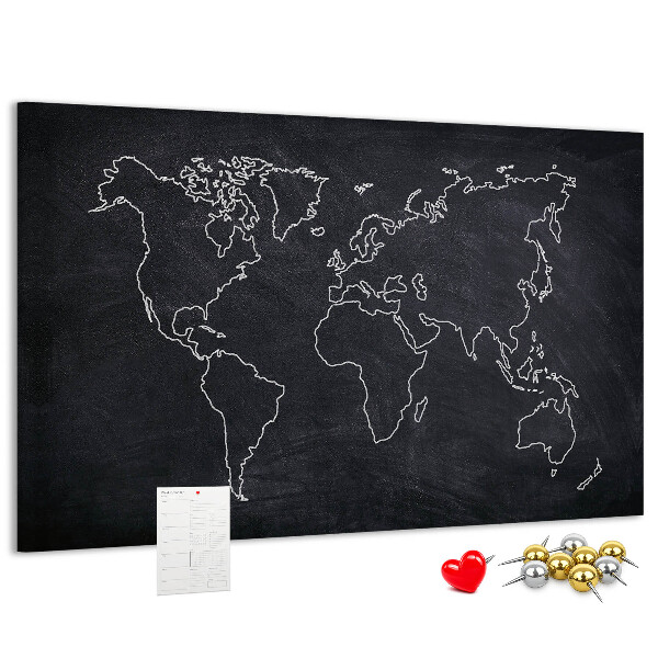 Tableau de liège Une carte du monde sur un fond de tableau noir