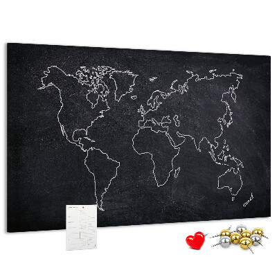 Tableau de liège Une carte du monde sur un fond de tableau noir