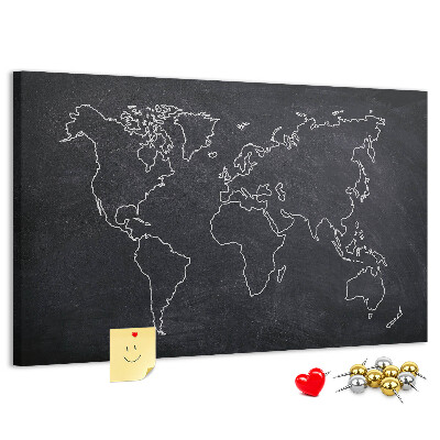 Tableau de liège Une carte du monde sur un fond de tableau noir