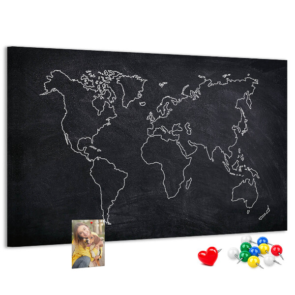 Tableau de liège Une carte du monde sur un fond de tableau noir