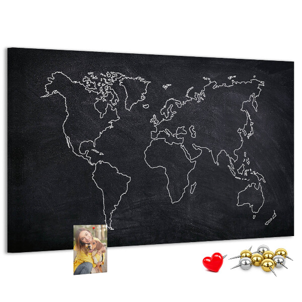 Tableau de liège Une carte du monde sur un fond de tableau noir