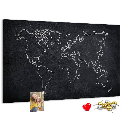 Tableau de liège Une carte du monde sur un fond de tableau noir