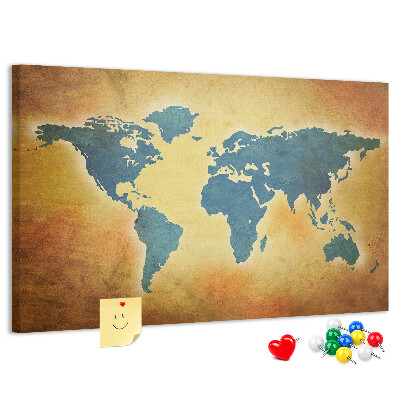 Tableau en liège Carte du monde sur fond de papier brun.