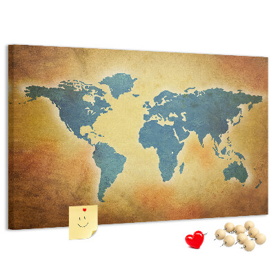 Tableau en liège Carte du monde sur fond de papier brun.
