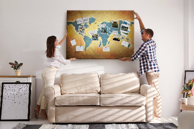 Tableau en liège Carte du monde sur fond de papier brun.