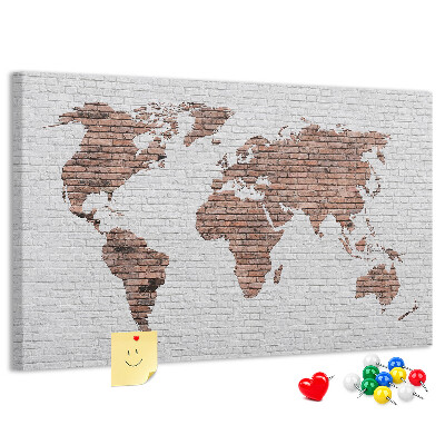 Tableau affichage liège Carte du monde sur fond de mur de briques