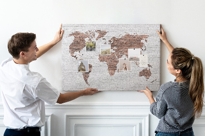 Tableau affichage liège Carte du monde sur fond de mur de briques