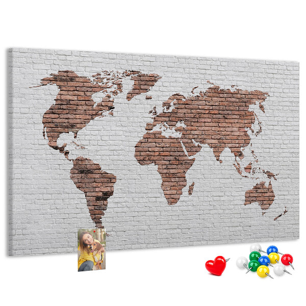 Tableau affichage liège Carte du monde sur fond de mur de briques