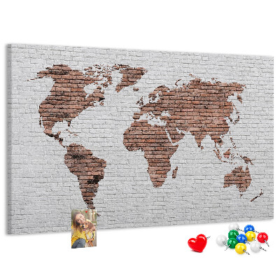 Tableau affichage liège Carte du monde sur fond de mur de briques