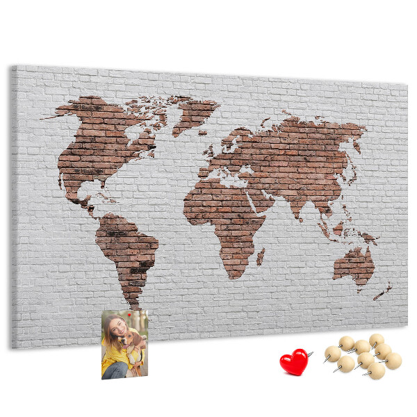 Tableau affichage liège Carte du monde sur fond de mur de briques