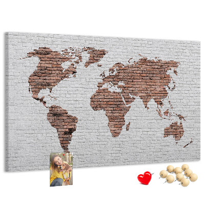 Tableau affichage liège Carte du monde sur fond de mur de briques
