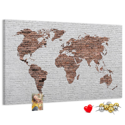 Tableau affichage liège Carte du monde sur fond de mur de briques