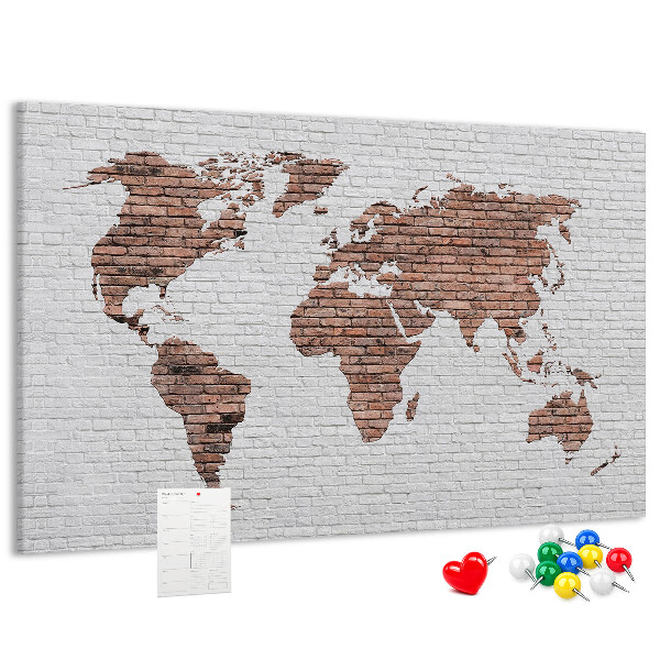 Tableau affichage liège Carte du monde sur fond de mur de briques