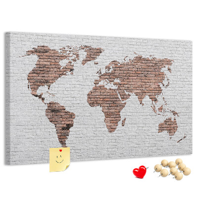 Tableau affichage liège Carte du monde sur fond de mur de briques