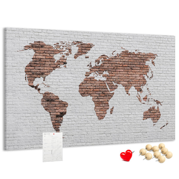 Tableau affichage liège Carte du monde sur fond de mur de briques