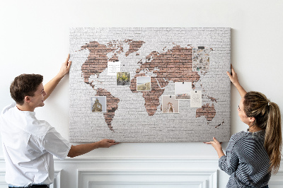 Tableau affichage liège Carte du monde sur fond de mur de briques