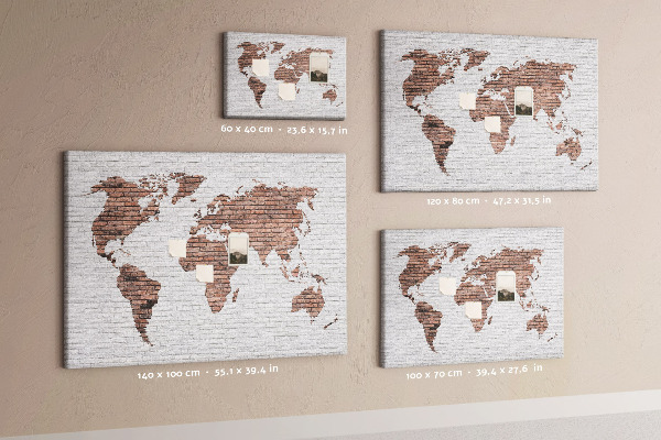 Tableau affichage liège Carte du monde sur fond de mur de briques