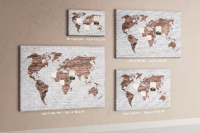 Tableau affichage liège Carte du monde sur fond de mur de briques
