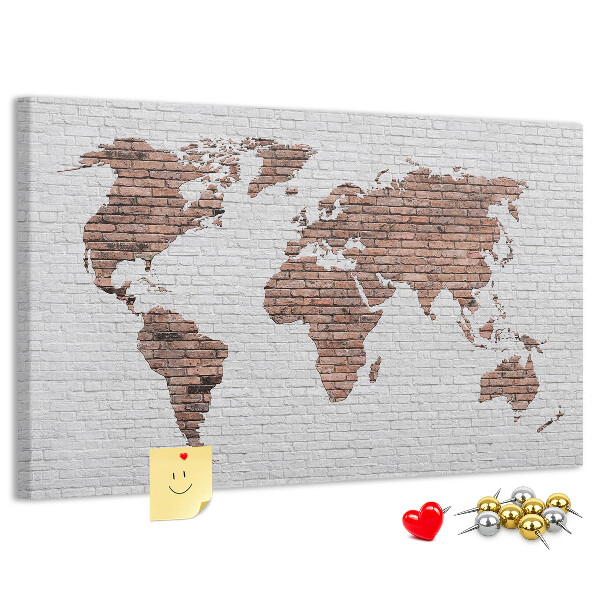 Tableau affichage liège Carte du monde sur fond de mur de briques