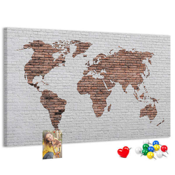 Tableau affichage liège Carte du monde sur fond de mur de briques