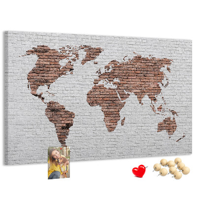 Tableau affichage liège Carte du monde sur fond de mur de briques