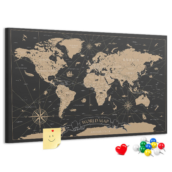 Tableau de liège Carte du monde noire avec des accents dorés