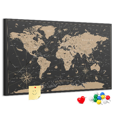 Tableau de liège Carte du monde noire avec des accents dorés