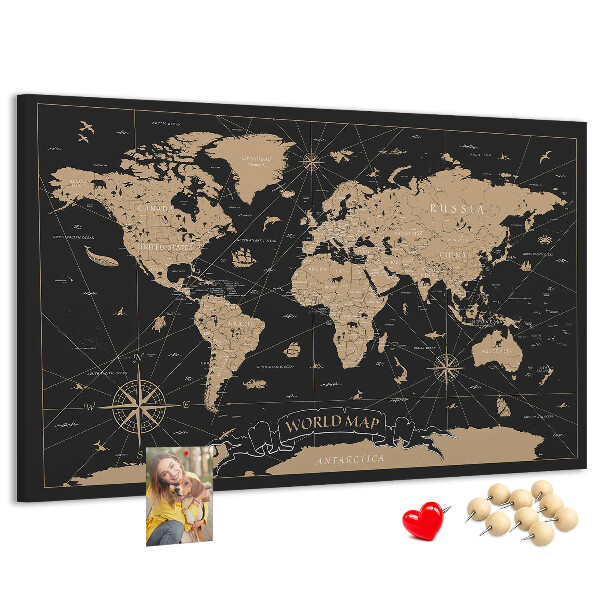 Tableau de liège Carte du monde noire avec des accents dorés