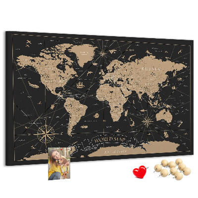 Tableau de liège Carte du monde noire avec des accents dorés
