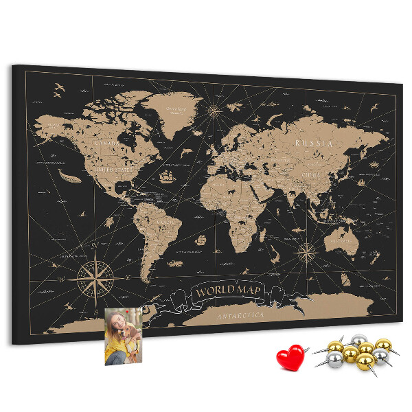 Tableau de liège Carte du monde noire avec des accents dorés