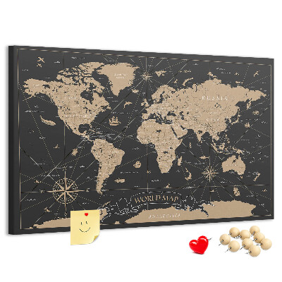 Tableau de liège Carte du monde noire avec des accents dorés