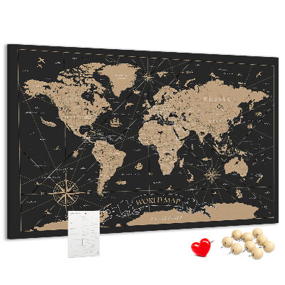 Tableau de liège Carte du monde noire avec des accents dorés