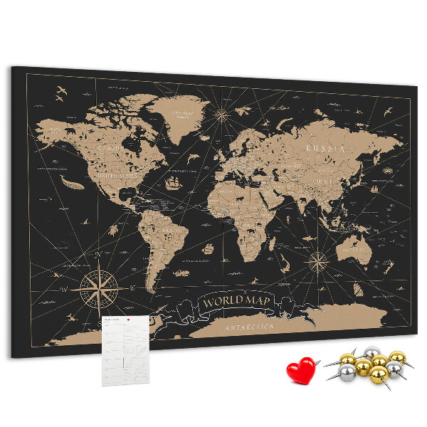 Tableau de liège Carte du monde noire avec des accents dorés