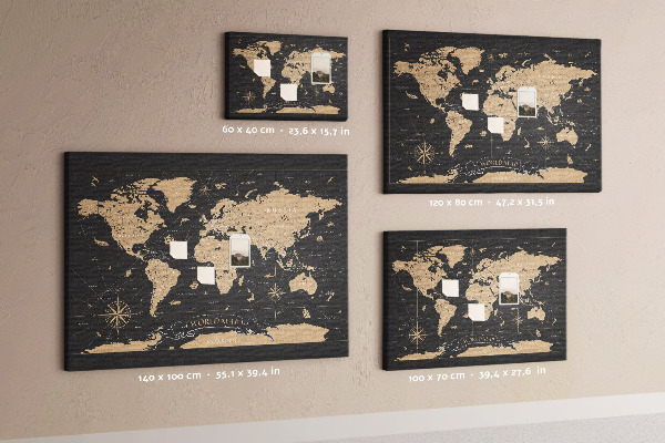 Tableau de liège Carte du monde noire avec des accents dorés