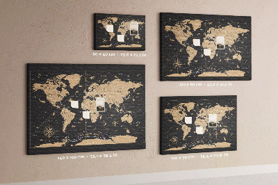 Tableau de liège Carte du monde noire avec des accents dorés