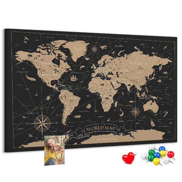 Tableau de liège Carte du monde noire avec des accents dorés