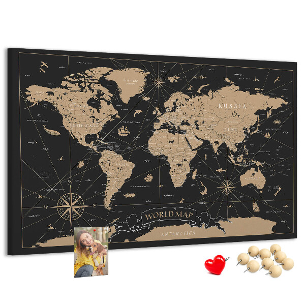 Tableau de liège Carte du monde noire avec des accents dorés