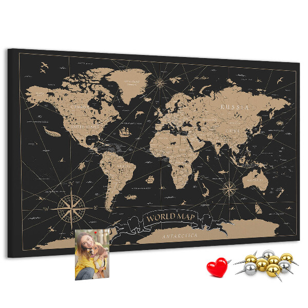 Tableau de liège Carte du monde noire avec des accents dorés