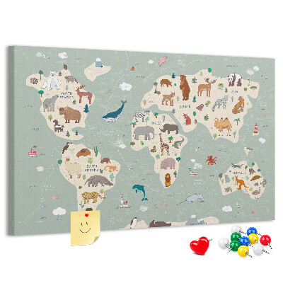 Tableau en liège Les animaux du monde sur une carte colorée