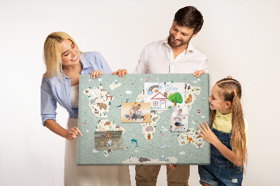 Tableau en liège Les animaux du monde sur une carte colorée
