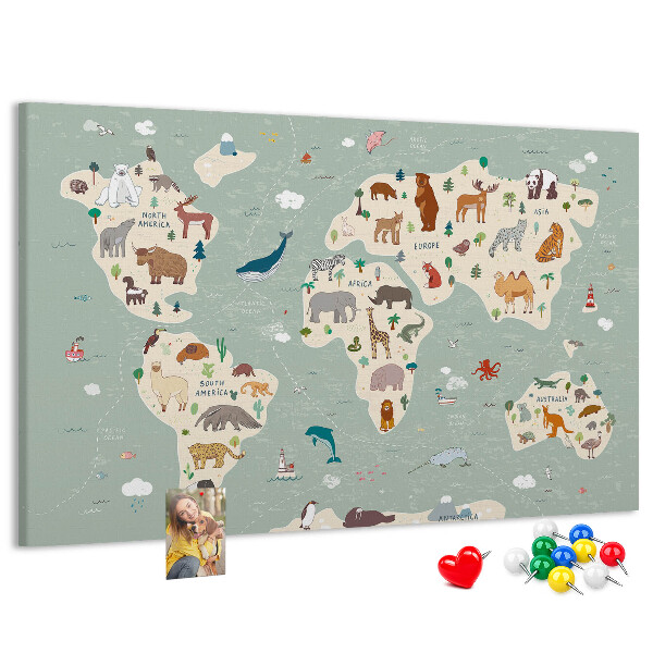 Tableau en liège Les animaux du monde sur une carte colorée