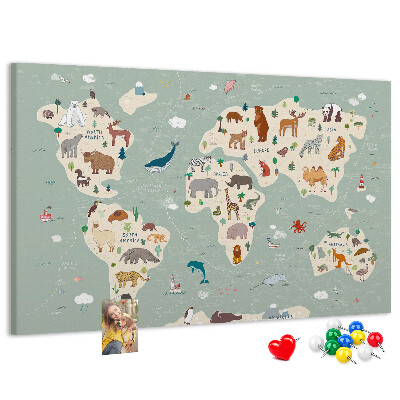 Tableau en liège Les animaux du monde sur une carte colorée
