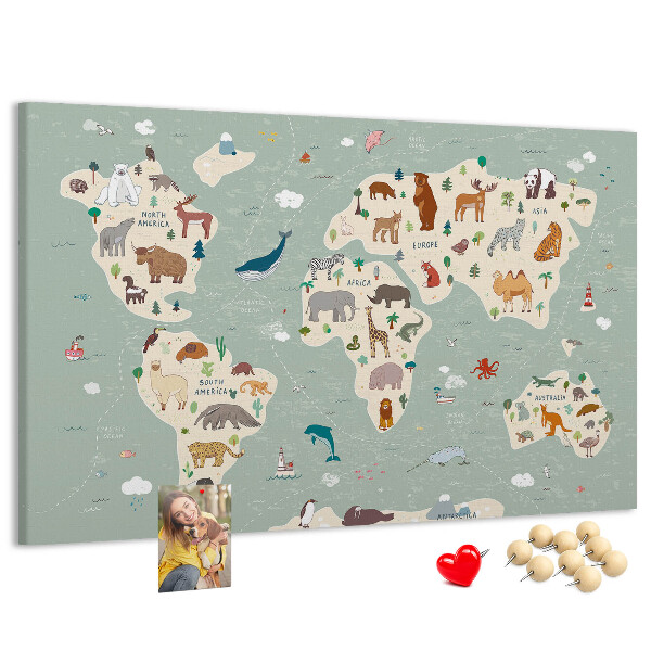 Tableau en liège Les animaux du monde sur une carte colorée