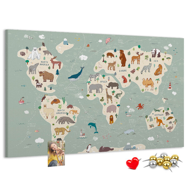Tableau en liège Les animaux du monde sur une carte colorée