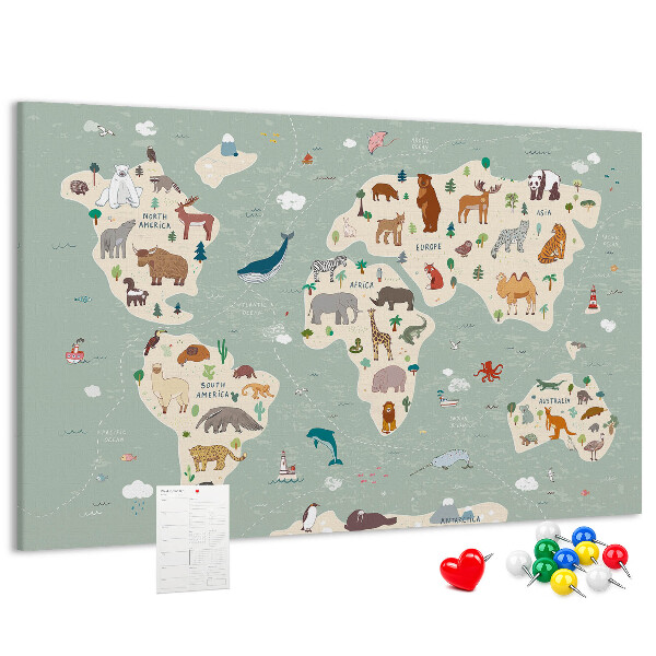 Tableau en liège Les animaux du monde sur une carte colorée