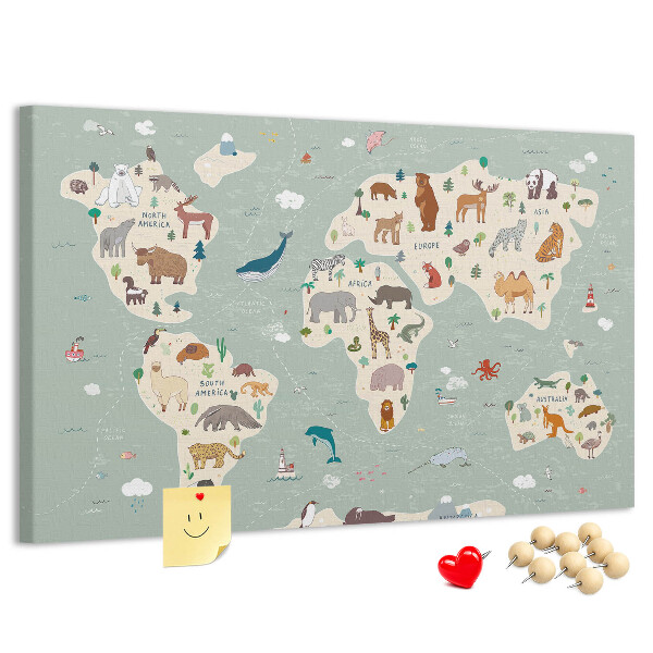 Tableau en liège Les animaux du monde sur une carte colorée