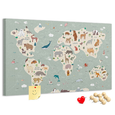 Tableau en liège Les animaux du monde sur une carte colorée