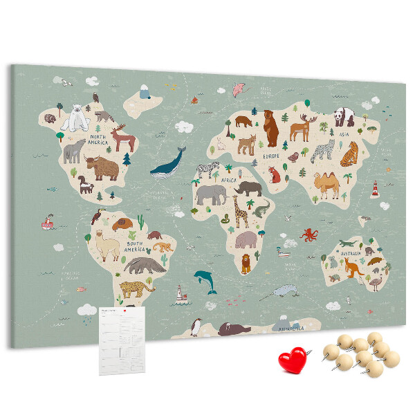 Tableau en liège Les animaux du monde sur une carte colorée